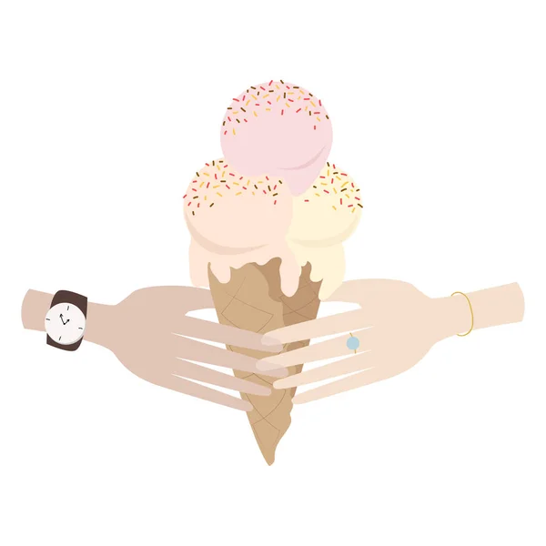 Uma mão de homem com um relógio e uma mão de mulher com uma pulseira simultaneamente segurar deserto. Dedos cruzados. Arte vetorial estilo retro, cartaz . — Vetor de Stock