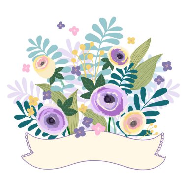 Çiçek şeritler afiş pastel renk vintage tarzı. Vektör çizim. Yaz, Bahar orman ve Bahçe Bitkileri