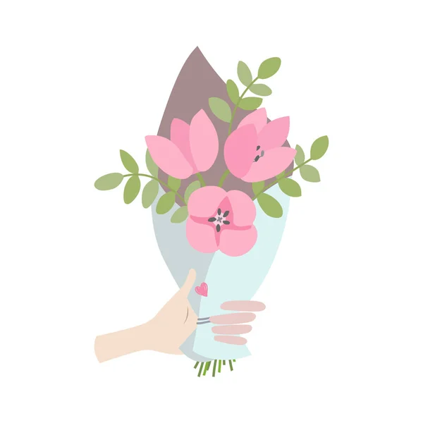 Una mano masculina da ramo de flores de primavera. San Valentín, flores de ramo de boda, flores de ramo de cumpleaños. Ilustración vectorial en diseño plano — Vector de stock