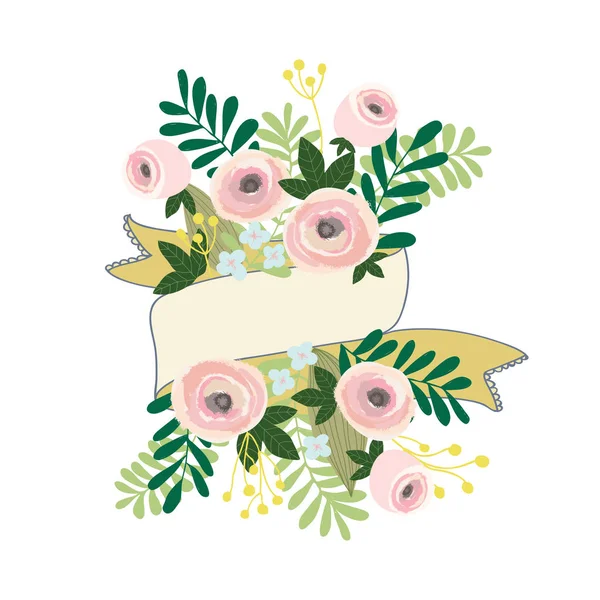 Cintas de flores bandera color pastel estilo vintage. Ilustración vectorial. Verano, bosque de primavera y plantas de jardín — Vector de stock