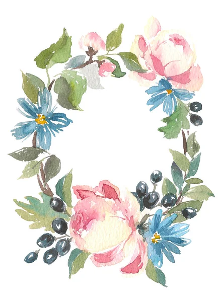 花のフレーム。水彩バラの花輪。結婚式招待状や誕生日カードに最適. — ストック写真