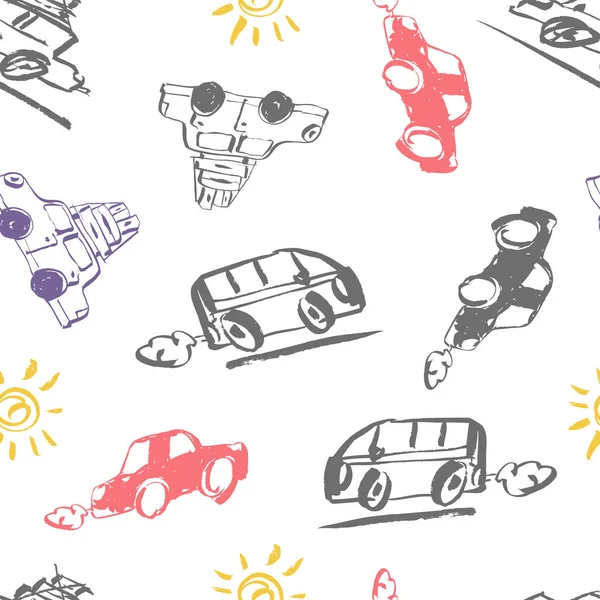 Seamless pattern vector illustration. Hand drawn retro car with suitcases and hand written lettering of Lets go travel.