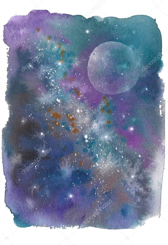 Watercolor colorful starry space galaxy nebula spot background.