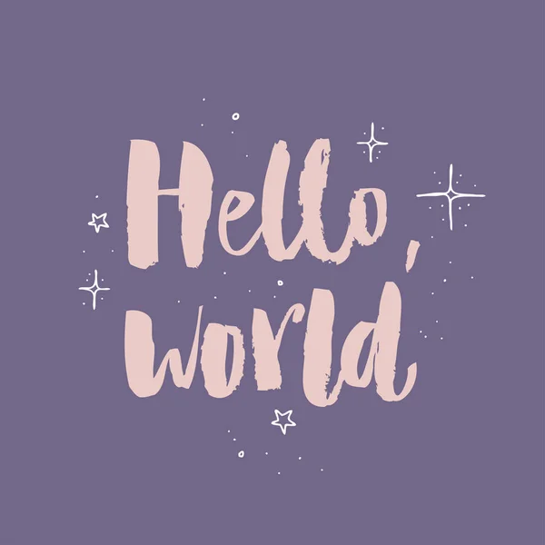 Hallo Welt. moderner Kalligrafie-Text, handgeschrieben mit Pinsel und Tinte, isoliert auf violettem Hintergrund mit magischen Pollen. — Stockvektor