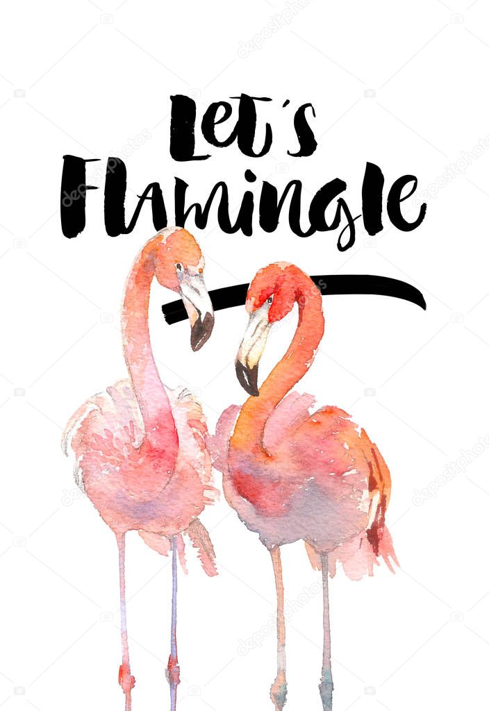 Hand drawn flamingo couple. Pink tropical birds. Lets flamingle Lettering quote.