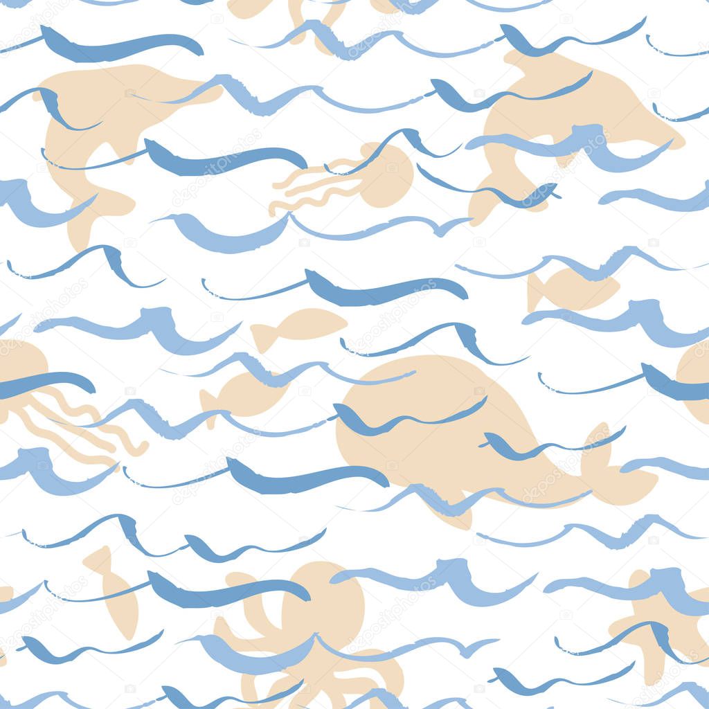 Abstract seamless pattern of waves with marine life. Design for backdrops with sea, rivers or water texture. Figure for textiles.