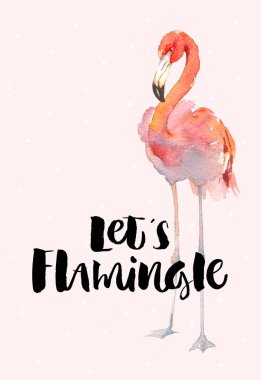 Hand drawn flamingo couple. Pink tropical bird. Lets flamingle Lettering quote. clipart