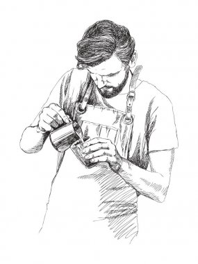 Genç barista adam. Vektör çizim kalem tarzı. Kahve barda bir adamla doğrusal taslağını. Kahve kavramı. Restaurant konseptini.