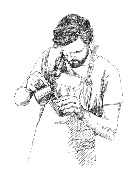Ο άνθρωπος νεαρός barista. Εικονογράφηση διάνυσμα σε μολύβι στυλ. Γραμμική σκίτσο ενός άνδρα σε ένα καφέ-μπαρ. Καφέ έννοια. Εστιατόριο έννοια. — Διανυσματικό Αρχείο