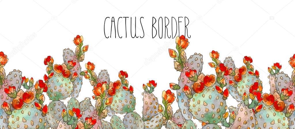 Watercolor border botanical illustration cactus, isolated object, tropics