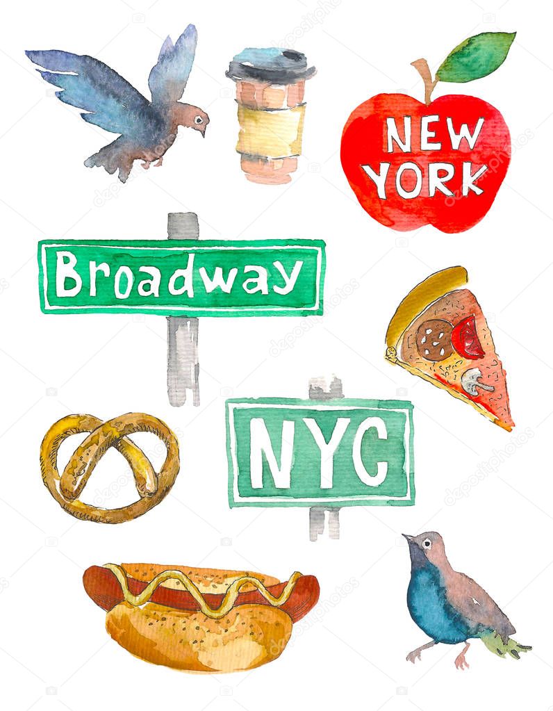 New York Doodle set. American travel symbols in hand drawn sketch. Watercolor.