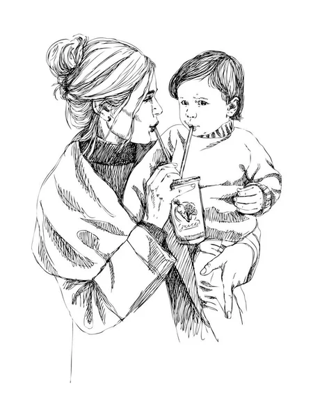 Vector Boceto de familia feliz Padres e hijos. Concepto familiar. Concepto de amor . — Vector de stock