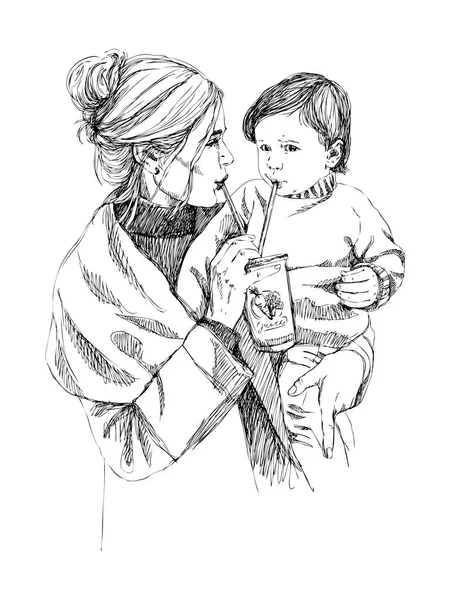 Croquis vectoriel de la famille heureuse Parents et enfants. Concept de famille. Concept d'amour . — Image vectorielle