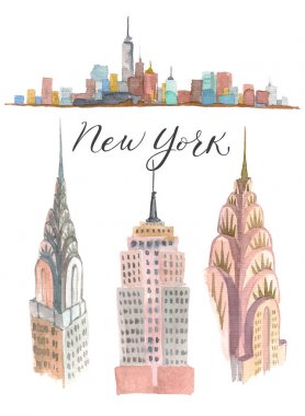 New York Doodle bina ayarlayın. Amerikan seyahat elinde çizilmiş kroki semboller. Suluboya.