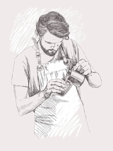 Giovane barista. Illustrazione vettoriale in stile matita. Schizzo lineare di un uomo in un bar. Concetto caffè. Concetto ristorante . — Vettoriale Stock