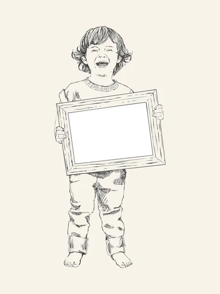Vektor náčrt šťastných dětí. Chlapec s rámem. Místo pro text. Koncepce. Láska koncept. — Stockový vektor