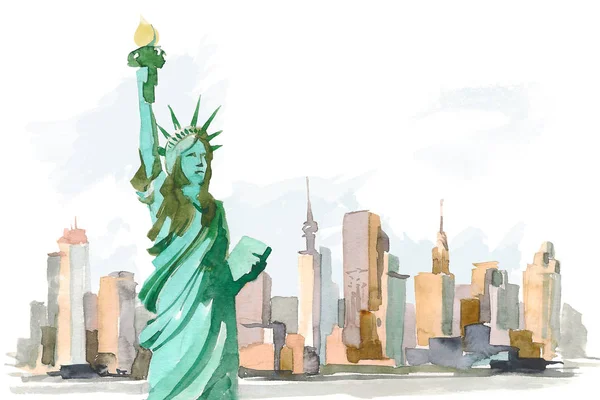 Aquarellskizze der Freiheitsstatue New York der USA in der Illustration — Stockfoto