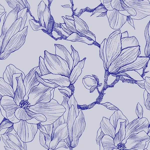 Tinta, lápiz, hojas y flores de Magnolia. Fondo de patrón sin costuras. Pintura natural dibujada a mano. Ilustración de bocetos a mano alzada — Vector de stock