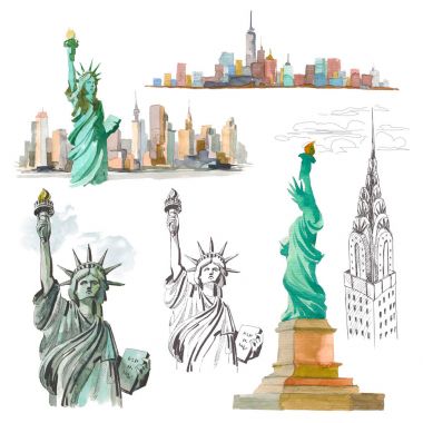 Suluboya kroki heykel, Liberty New York USA çizimde ayarla