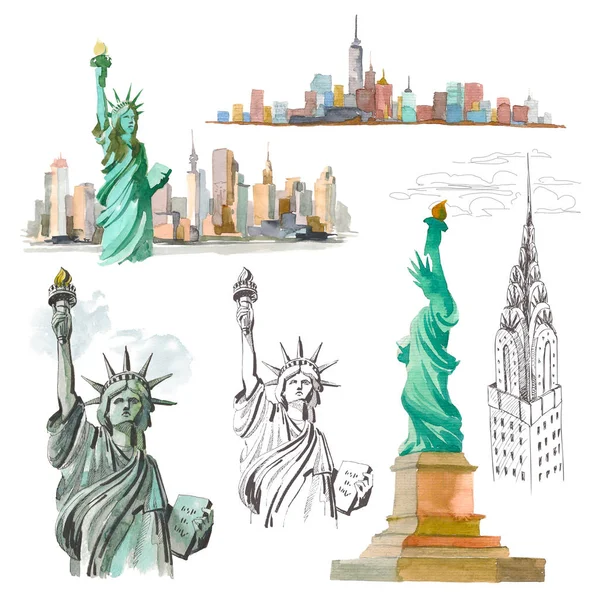 Set Esbozo de acuarela de Estatua de la Libertad Nueva York de USA en ilustración —  Fotos de Stock