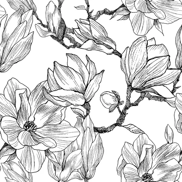 Μελάνι, μολύβι, τα φύλλα και τα άνθη του Magnolia. Χωρίς ραφή πρότυπο υπόβαθρο. Χέρι Ζωγραφική φύση. Ελεύθερο σχέδιο εικονογράφηση — Διανυσματικό Αρχείο