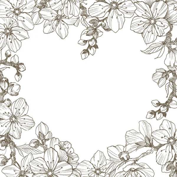 Миндальные цветущие ветви. Кардиограмма Винтажная ботаническая ручная иллюстрация. Весенние цветы яблони или вишни. Место для текста — стоковый вектор
