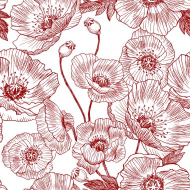 Seamless pattern. California poppy flowers drawn and sketch with line-art on white backgrounds. Vector design clipart