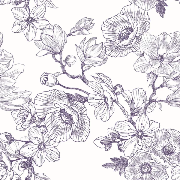 Différentes belles fleurs motif sans couture. Illustration botanique vintage dessinée à la main. Fleurs printanières de pommier ou cerisier, magnolia, pavot — Image vectorielle