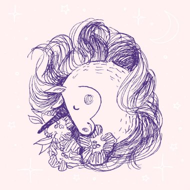 Tek boynuzlu at çiçek kartı. El vektör çizim çekilmiş. Peri at sevimli başı peonies ve yıldız, ay, magic tarafından çevrili. Tek boynuzlu at elle çizilmiş kalem tarzında gülümse