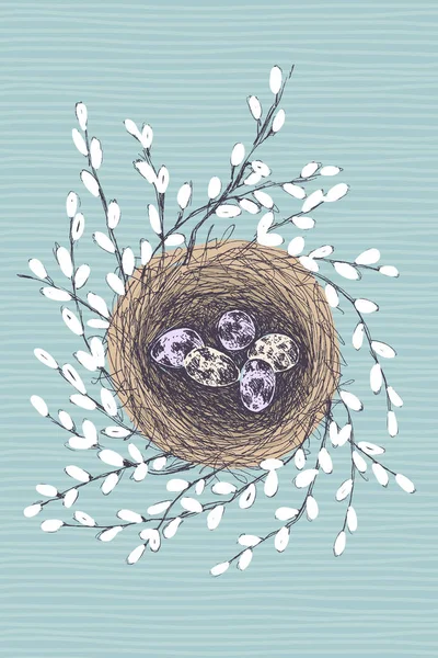 Ilustración vectorial de nido dibujado a mano con huevos manchados y sauce. Estilo gráfico, hermosa ilustración aislada sobre fondo blanco — Vector de stock