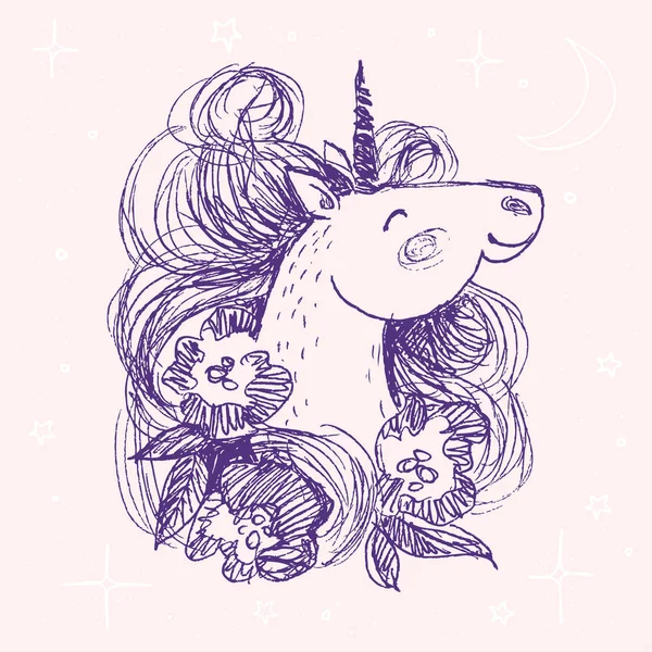 Tarjeta de flores unicornio. Ilustración vectorial dibujada a mano. Cabeza linda caballo de hadas rodeado de peonías y estrellas, luna, magia. Sonrisa unicornio mano dibujada en estilo pluma — Archivo Imágenes Vectoriales