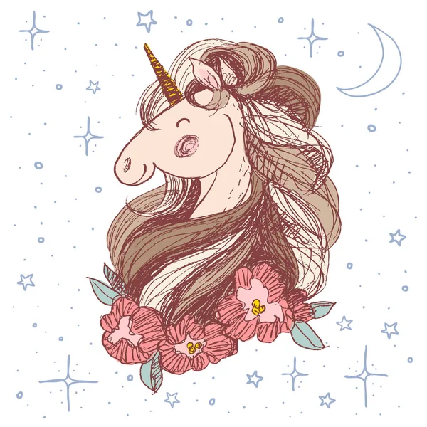 Unicorn bloemplaat. Hand getekend vectorillustratie. Fairy paard schattig hoofd omgeven door pioenrozen en de sterren, de maan, de magie. Glimlach unicorn hand getrokken in Penstijl — Stockvector