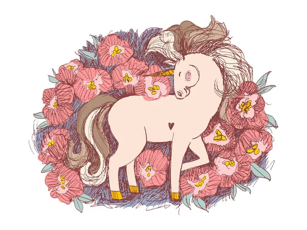 Tarjeta de flores unicornio. Ilustración vectorial dibujada a mano. Caballo de hadas rodeado de peonías rosadas — Archivo Imágenes Vectoriales