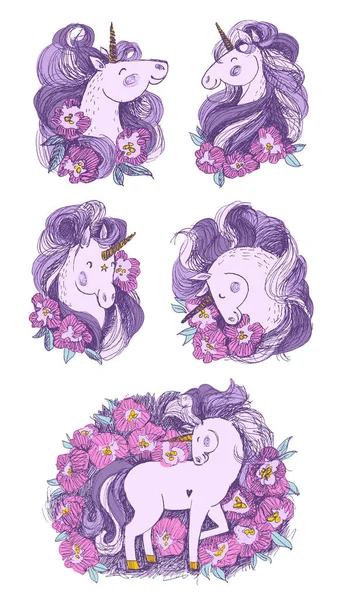 Unicornio con flores. Ilustración vectorial dibujada a mano. Cabeza linda caballo de hadas rodeado de peonías . — Archivo Imágenes Vectoriales