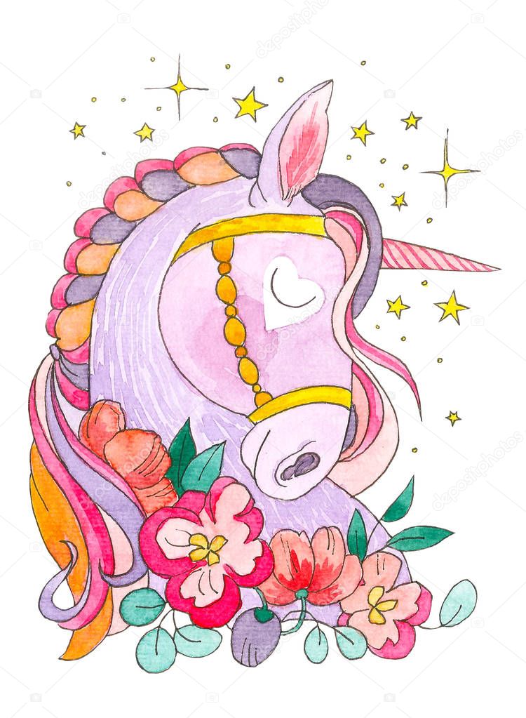 Dream of unicorn. The stars and flowers around. Magical animal. Watercolor artwork. Coloring book page for adult, kid. Fairy tale. Love bohemian concept for greeting, invitation card, branding, print
