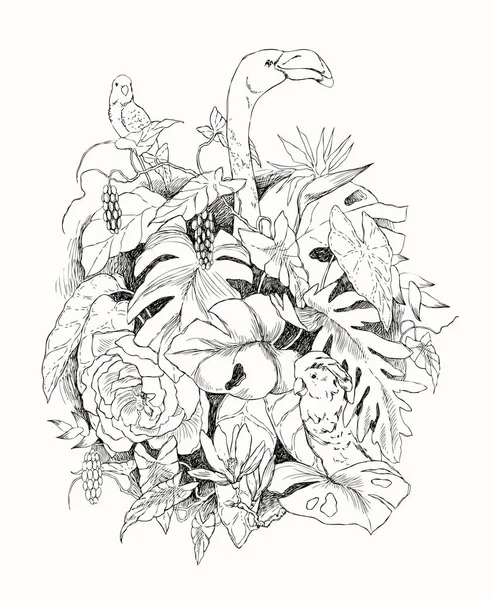Handgezeichnete Zweige und Blätter tropischer Pflanzen. Monochromer Blumenstrauß mit Vogel. Flamingo, Papagei, Kakadu. schwarz-weißes Malbuch für Erwachsene. Vektorskizze. — Stockvektor