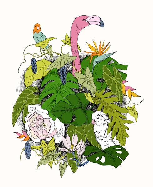 Handgezeichnete Zweige und Blätter tropischer Pflanzen. Monochromer Blumenstrauß mit Vogel. Flamingo, Papagei, Kakadu. schwarz-weißes Malbuch für Erwachsene. Vektorskizze. — Stockvektor