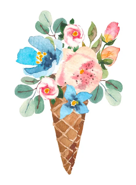 Bunga biru dan merah muda di kerucut wafel. Ilustrasi warna air untuk desain, logo, undangan, pernikahan, hari valentine . — Stok Foto