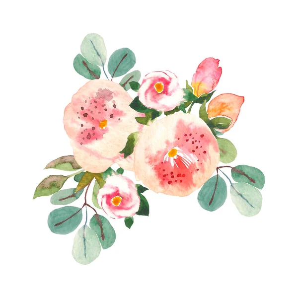 Bouquet with pink roses and peonies with green leaves on the white background. Watercolor romantic garden flowers. Card template with message Summer. — Stock Photo, Image