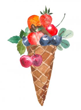 Gözleme koni berry ile dondurma. Tasarım, logo, düğün, davet, Sevgililer günü için suluboya resim.