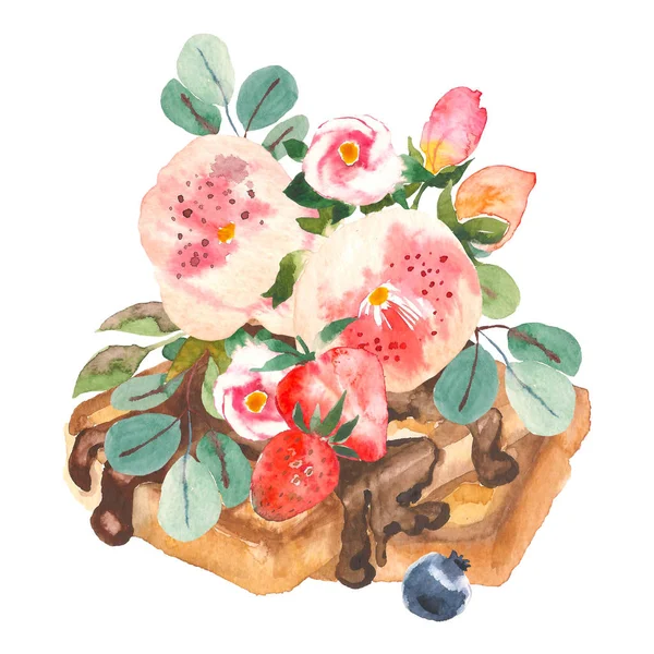 Lahodné křupavé vídeňské vafle s berry a květiny Malování akvarelem na bílém pozadí, ručně tažené ilustrace — Stock fotografie
