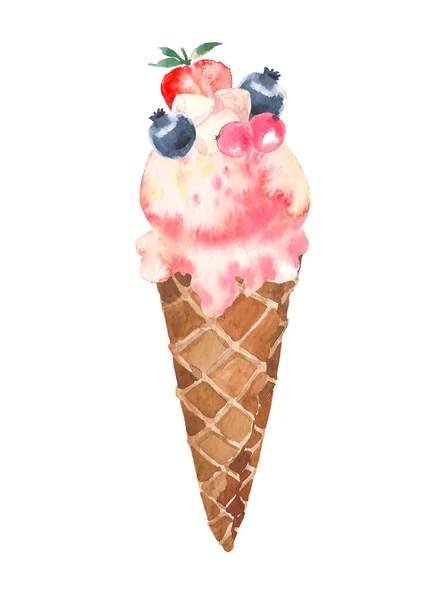 Ice cream in the waffle cone with berry. Watercolor illustration for your design, logo, invitation, wedding, valentines day. — Stock Photo, Image