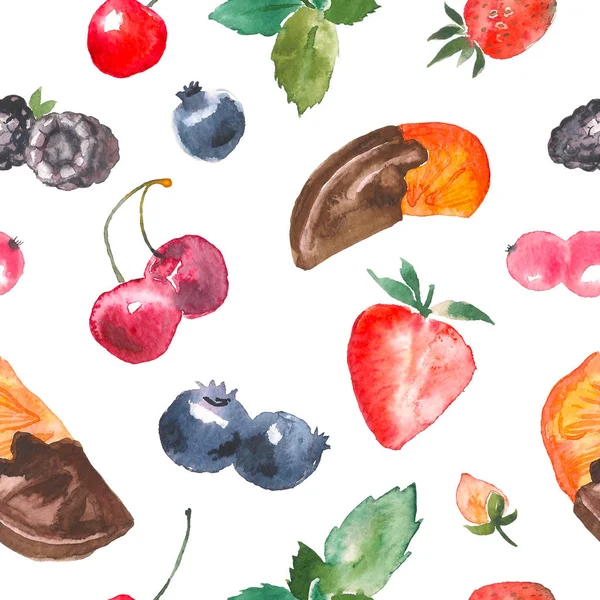 Ακουαρέλα επιδόρπιο μούρα χωρίς ραφή πρότυπο. Επαναλαμβανόμενη υφή χέρι με βατόμουρο, κεράσι, φράουλα, βατόμουρο και πορτοκάλι. Έννοια των τροφίμων — Φωτογραφία Αρχείου