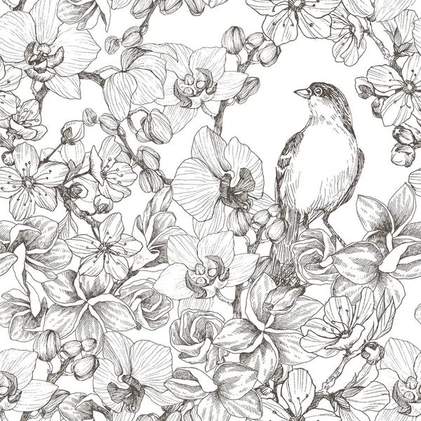 Seamless mönster. Hand dras romantisk retro illustration med fågel, orkidé och plumeria. Mycket detaljerade vektorillustration. Vackra exotiska blomma. För din logotyp, sammansättning, design. — Stock vektor