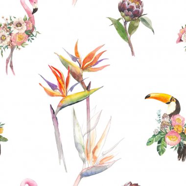 Siluet tropic egzotik hayvanlar kuşlar flamingo ve toucan orman duvar kağıdı bitki. Son moda pembe flamingo ve cennet kuşu çiçeği elle çizilmiş üzerinden sorunsuz çiçek desenli