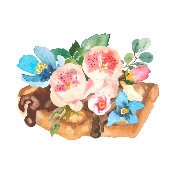 美味脆皮的维也纳华夫饼与浆果和花卉水彩画白色背景下, 手绘插图 — 图库照片