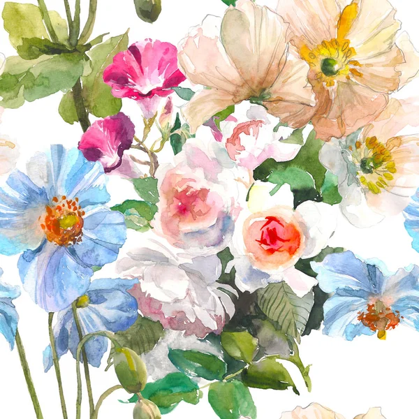 Pola bunga tak berair dengan mawar taman musim panas, bunga opium kuning dan bunga biru dengan latar belakang putih. Ilustrasi warna air. Desain tangan yang digambar lembut. Konsep bunga . — Stok Foto