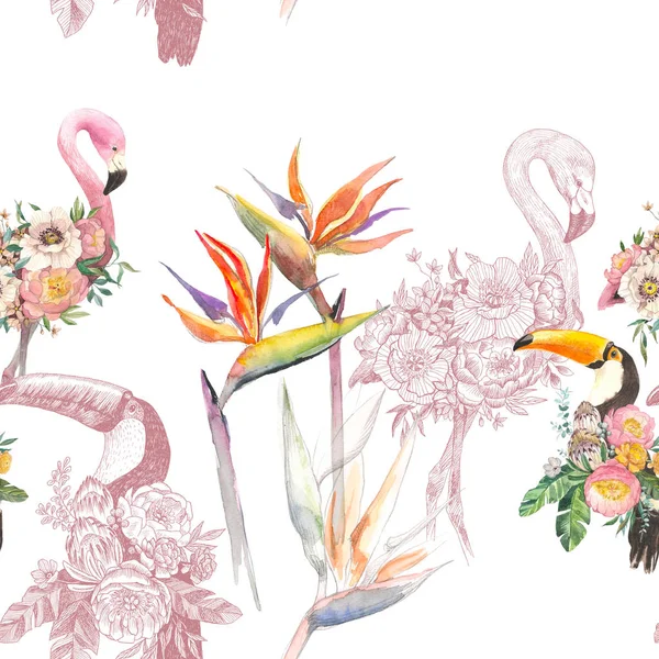 剪影热带异国情调的动物鸟火烈鸟和巨嘴鸟在丛林植物壁纸。从时髦的粉红色火烈鸟和天堂鸟花手的组成无缝花卉图案绘制 — 图库照片