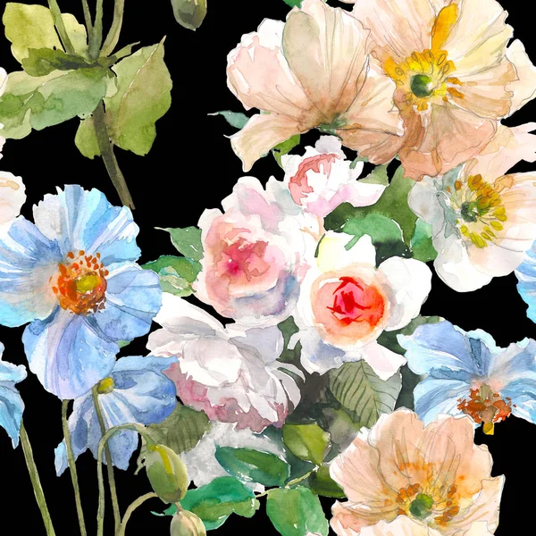 Απρόσκοπτη λουλουδάτο μοτίβο με τριαντάφυλλα κήπων, κίτρινο λουλούδι παπαρούνας και μπλε σε μαύρο φόντο. Ακουαρέλα εικονογράφηση. Χέρι. Έννοια των λουλουδιών. — Φωτογραφία Αρχείου
