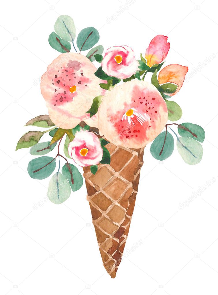 Red and pink flowers in the waffle cone. Watercolor illustration for your design, logo, invitation, wedding, valentines day.